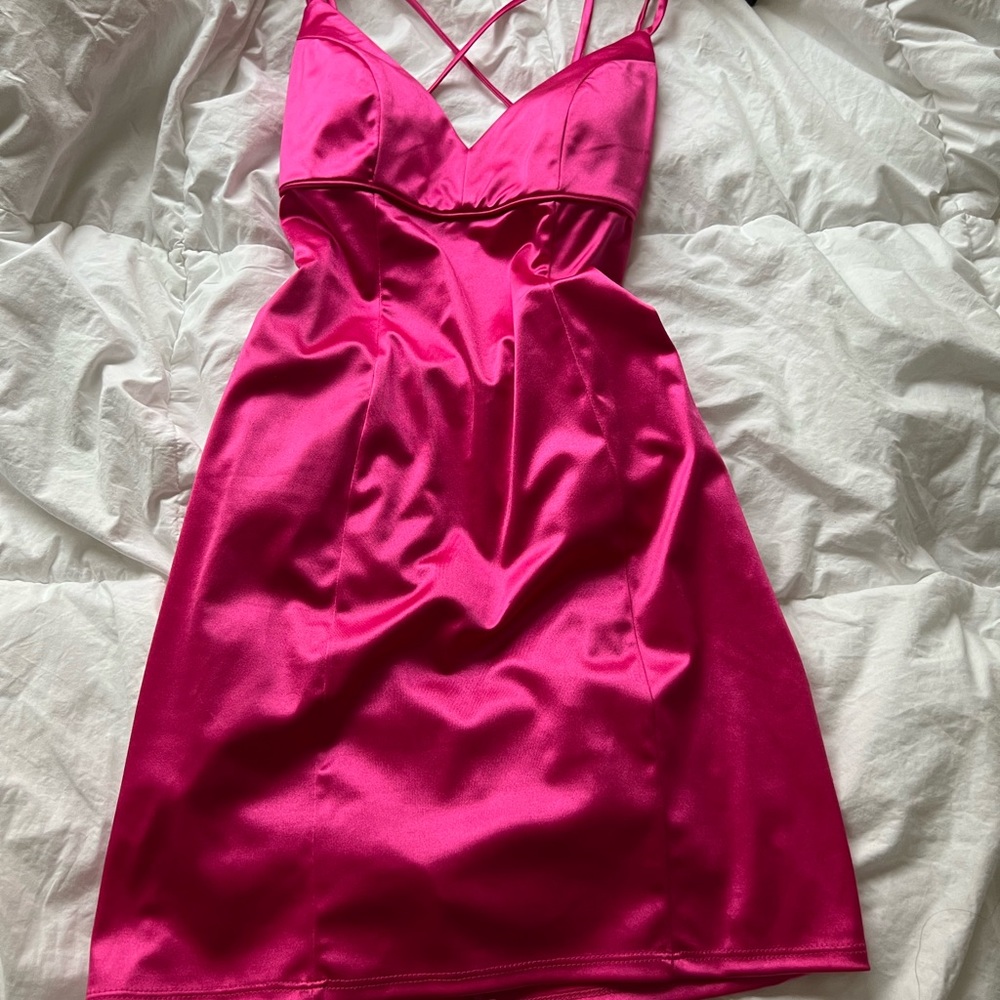 Pink satin tie back dress